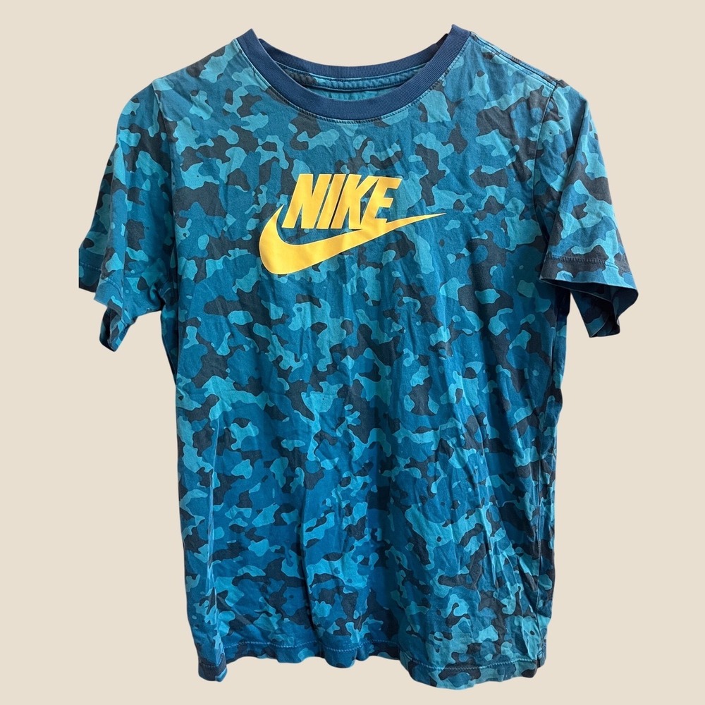 Nike T-Shirt Unisex XL Blue Camo Yellow Logo Short Sleeve Cotton Activewear Tee